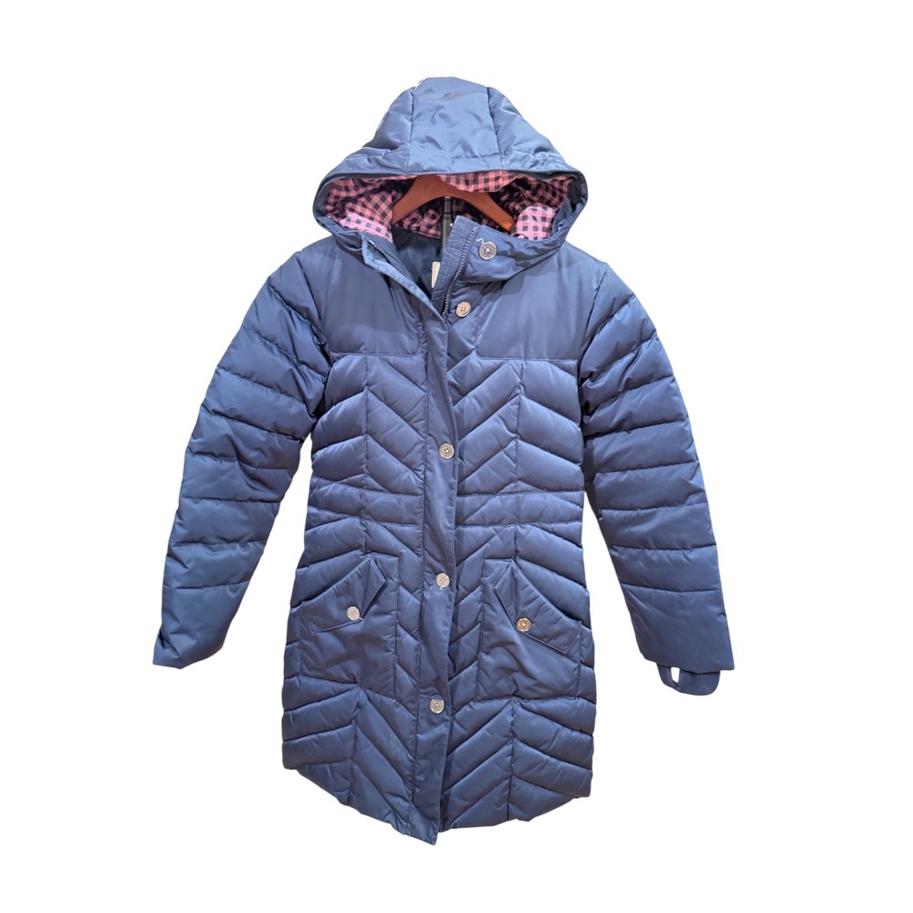 Lands End Kids Navy Blue Down Puffer Parka Jacket Hooded Chevron Quilt Size L 14 - Picture 2 of 5